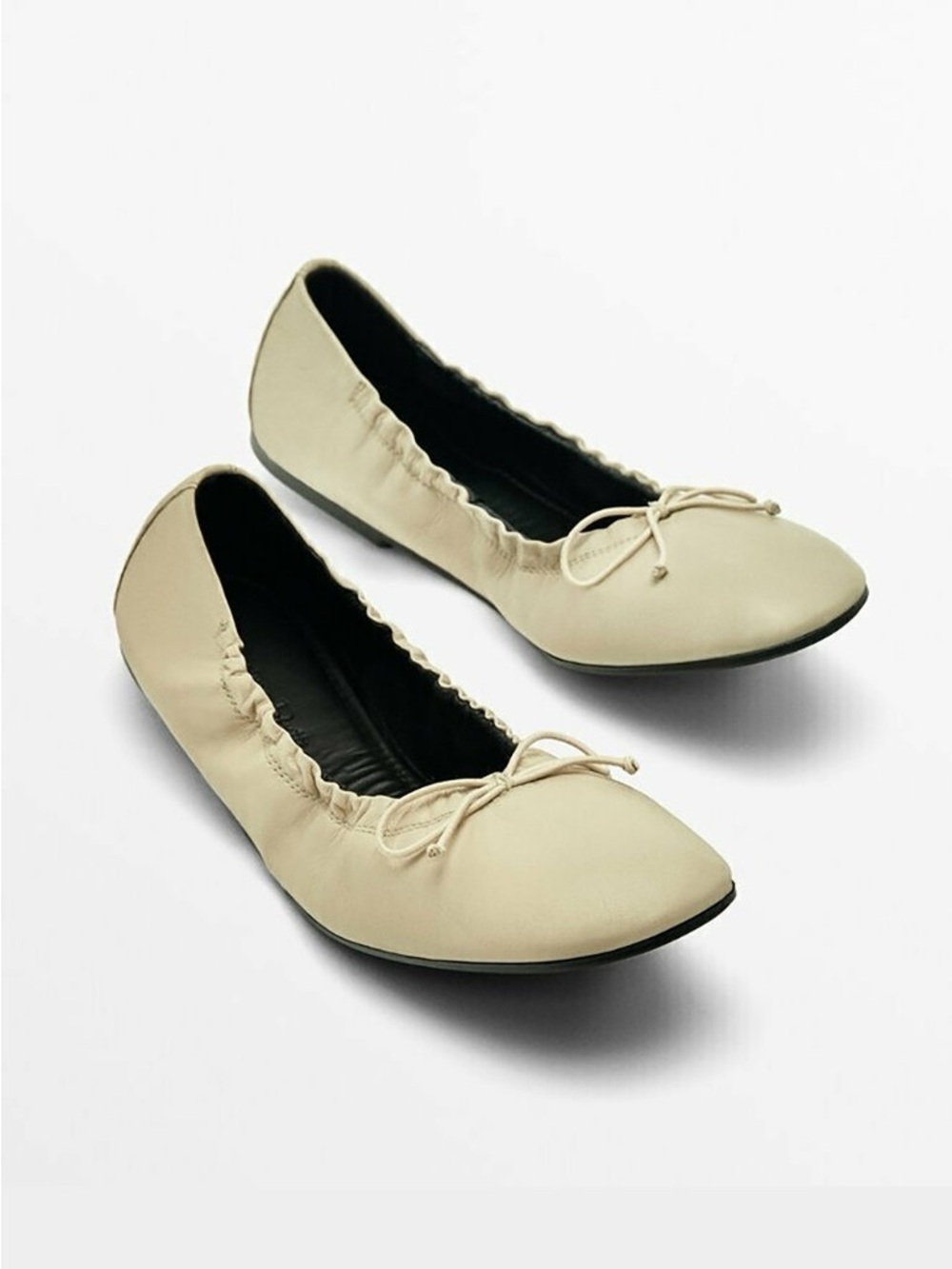 Massimo Dutti Leather Square-Toe  Ballet Flats with Gathered Detail Cream NWOT